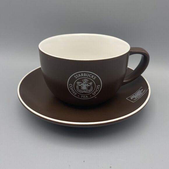 Starbucks 2008 Dark Brown Cup Saucer Set First Starbucks Store Pike Place Market - Picture 1 of 7